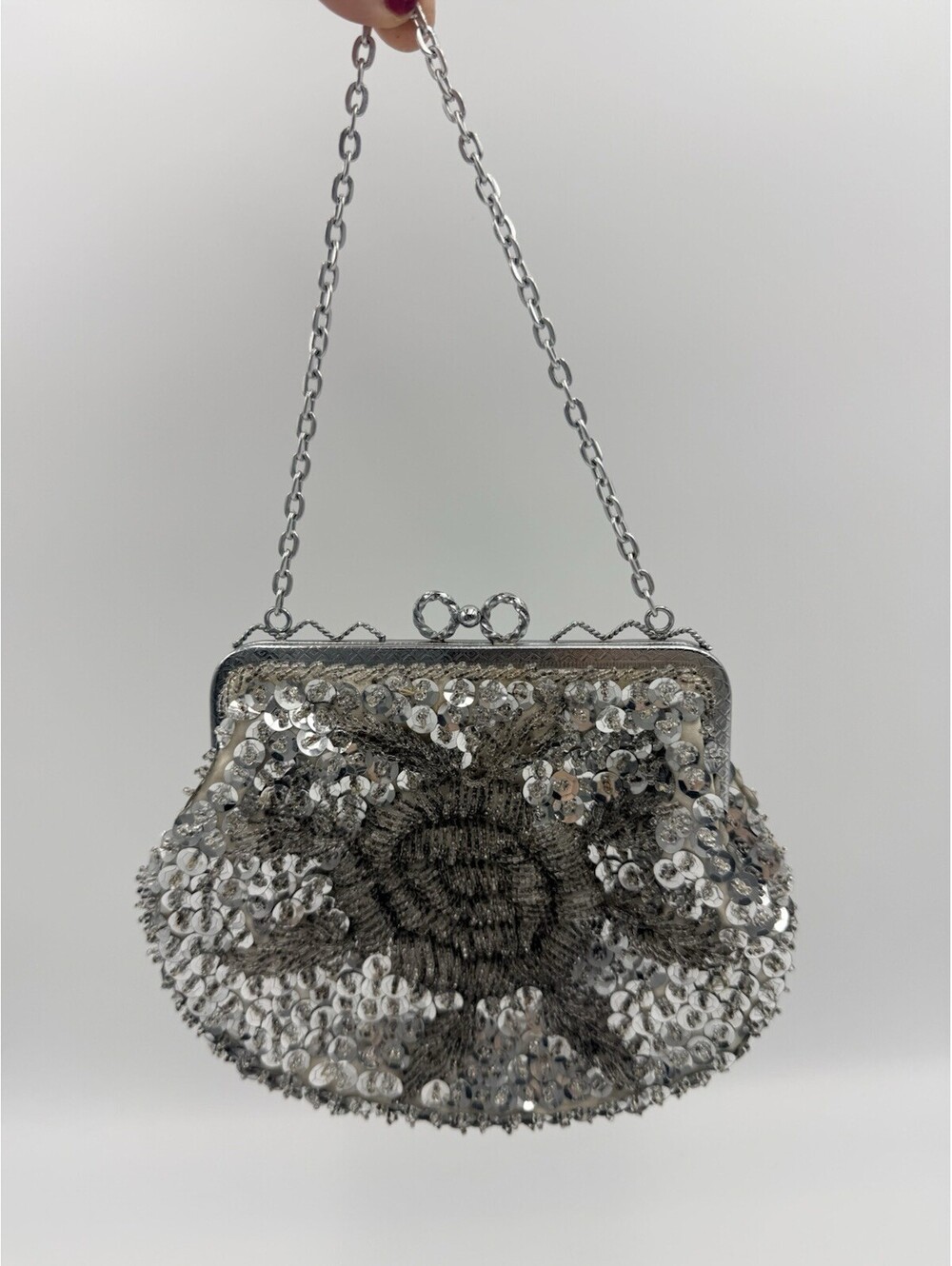 VTG 1970s British Hong Kong Silver Tone Micro-Bead Handmade Floral Formal Purse